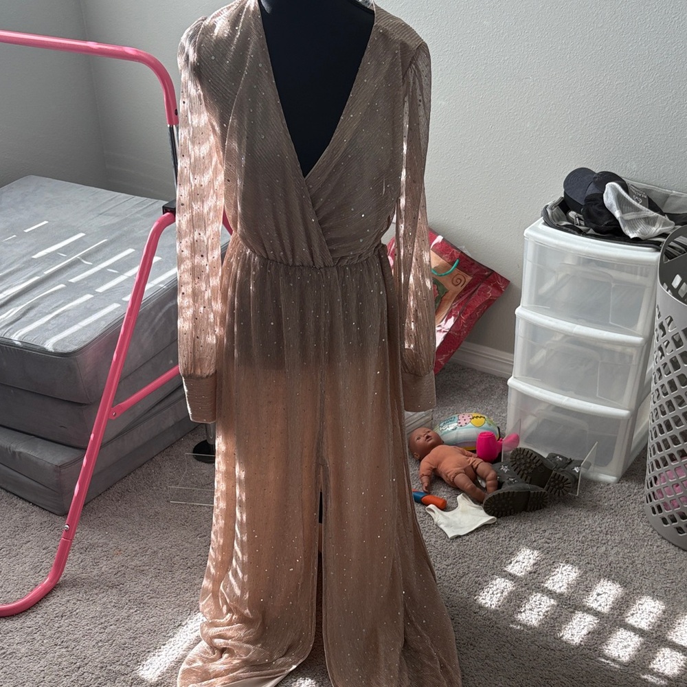 Elegant Taupe Sequin Wrap Maxi Dress